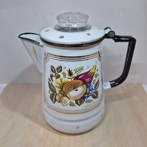 Georges Briard Vintage Enamelware Coffee Percolator White Fruit Floral Gold Trim